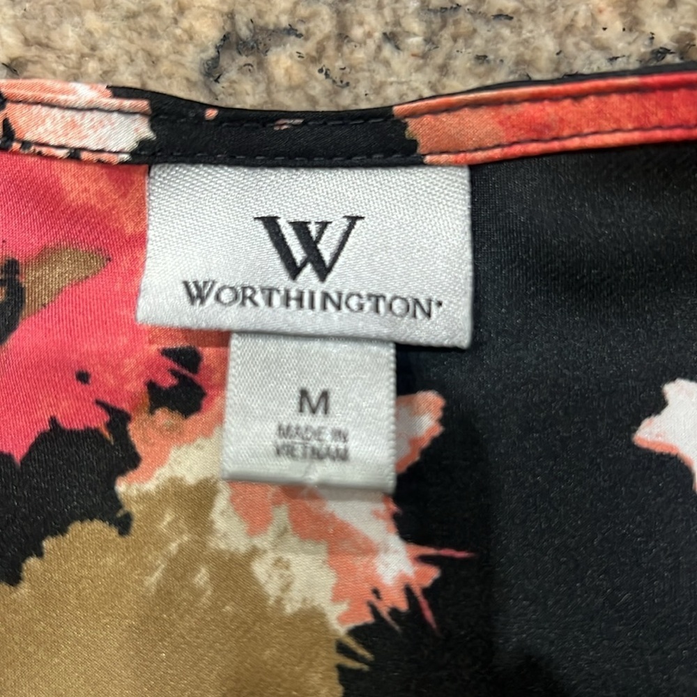 Worthington Black and Pink Ruffled Tie Front Cap Sleeve Blouse - Picture 4 of 5